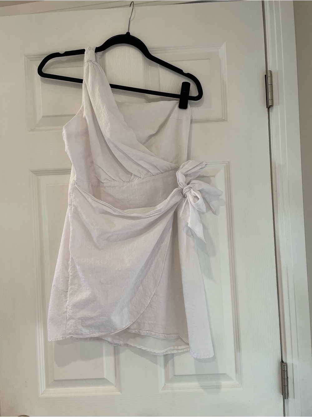 One-Shoulder White Wrap Dress with Side Bow